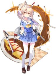 Rule 34 | 1girl, ayanami (azur lane), ayanami (grade a sailor uniform) (azur lane), azur lane, blonde hair, blue skirt, brown eyes, brown footwear, fork, full body, hand on own chest, loafers, long hair, looking at viewer, official alternate costume, official art, ootsuki momiji, ponytail, shoes, short sleeves, skirt, solo, spoon, thighhighs, transparent background, white thighhighs