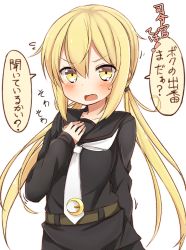 Rule 34 | &gt;:o, 10s, 1girl, :o, arm behind back, black serafuku, blonde hair, blush, crescent pin, hair between eyes, hair ornament, hand on own chest, highres, kantai collection, long hair, long sleeves, looking at viewer, low twintails, necktie, nonono (mino), open mouth, satsuki (kancolle), school uniform, serafuku, simple background, solo, translation request, twintails, v-shaped eyebrows, white background, white necktie, yellow eyes