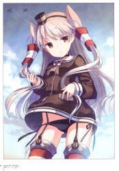 Rule 34 | 1girl, absurdres, aircraft, airplane, amatsukaze (kancolle), black panties, blue sky, blush, brown eyes, choker, cloud, cloudy sky, day, dress, fingernails, garter straps, h2so4, highres, kantai collection, long hair, long sleeves, looking at viewer, outdoors, page number, panties, red thighhighs, sailor dress, scan, short dress, side-tie panties, silver hair, sky, solo, thighhighs, two side up, underwear