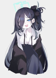 Rule 34 | 1girl, absurdly long hair, aqua halo, aris (blue archive), black coat, black hair, black ribbon, black skirt, blue archive, blue eyes, blush, breasts, coat, collared shirt, green halo, grey background, hair over one eye, hair ribbon, halo, highres, long hair, looking at viewer, one side up, open mouth, rectangular halo, retri, ribbon, ringed eyes, shirt, simple background, skirt, small breasts, smile, solo, textless version, very long hair, white shirt