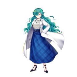 Rule 34 | 1girl, alternate costume, aqua hair, black footwear, blue skirt, breasts, closed mouth, flower pin, full body, game cg, glasses, hair over one eye, hand in pocket, high heels, highres, jewelry, kazami yuuka, kazami yuuka (cell-fused kaiju), lab coat, long hair, long skirt, looking at viewer, medium breasts, pendant, plaid, plaid skirt, red eyes, rotte (1109), simple background, skirt, solo, sweater, third-party source, touhou, touhou lostword, turtleneck, wavy hair, white background, white sweater