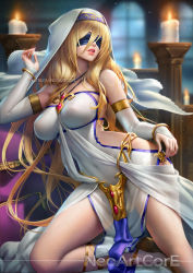 Rule 34 | 10s, 1girl, artist name, bad id, bad pixiv id, bare shoulders, blindfold, blonde hair, blurry, blurry background, bracelet, breasts, candle, covered navel, detached sleeves, dress, facing viewer, goblin slayer!, habit, hair between eyes, indoors, jewelry, large breasts, lips, long hair, nail polish, neoartcore, parted lips, patreon username, pelvic curtain, see-through, solo, sword maiden, white dress