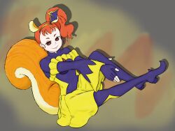 Rule 34 | animal ears, bad end precure, bad end precure (cosplay), bodysuit, breasts, corruption, cosplay, cure custard, dark persona, elly snail, empty eyes, highres, kirakira precure a la mode, latex, latex bodysuit, orange eyes, orange hair, precure, side ponytail, sitting, skirt, small breasts, smile, smile precure!, squirrel ears, squirrel girl, squirrel tail, tail, yellow skirt