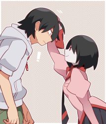 Rule 34 | !, 1boy, 1girl, :|, ahoge, araragi koyomi, arm at side, arm up, arms at sides, black eyes, black hair, black necktie, black skirt, black undershirt, blush stickers, breasts, bright pupils, brown background, cargo pants, closed mouth, commentary, dress shirt, empty eyes, eye contact, facing another, from side, green pants, halftone, halftone background, hammer (sunset beach), headpat, height difference, highres, hood, hood down, hoodie, hunched over, leaning forward, long sleeves, looking at another, monogatari (series), naoetsu high school uniform, necktie, oshino ougi, pale skin, pants, patterned background, pink shirt, pleated skirt, puffy sleeves, school uniform, shirt, short hair, short sleeves, skirt, sleeves past fingers, sleeves past wrists, small breasts, smile, surprised, symbol-only commentary, turtleneck, upper-body, wavy mouth, white hoodie, white pupils, zipper