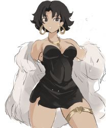 Rule 34 | 1girl, :o, betty boop, betty boop (character), black dress, black eyes, breasts, coat, dress, earrings, fur coat, gold earrings, gold necklace, heart, heart necklace, highres, hoop earrings, jewelry, medium breasts, messy hair, necklace, rakeemspoon, short hair, solo, thighlet, white background, white coat, white fur