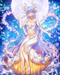 Rule 34 | 1girl, blue eyes, blue hair, breasts, cherry blossoms, commission, dress, falling petals, flower, full body, full moon, hair flower, hair ornament, heterochromia, highres, holding, holding flower, horns, long hair, looking at viewer, medium breasts, moon, munlu (wolupus), navel, original, petals, red eyes, skeb commission, solo, very long hair, white dress