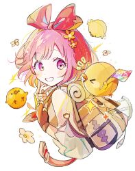 Rule 34 | 1girl, absurdres, backpack, bag, bird, bow, brown gloves, chick, commentary, dot nose, fingerless gloves, flag, flower, gloves, hair flower, hair ornament, hands up, highres, holding, holding flag, looking at another, momomo (m0 3), notice lines, ootori emu, pink bow, pink eyes, pink hair, project sekai, short hair, smile, solo, symbol-only commentary, teeth, upper body, white background
