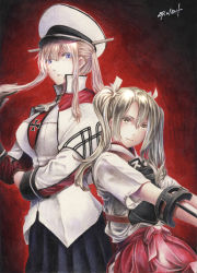 Rule 34 | 2girls, anchor, armor, black gloves, blonde hair, breastplate, breasts, capelet, celtic knot, commentary request, cross, derivative work, gloves, gradient background, graf zeppelin (kancolle), green eyes, grey hair, hair between eyes, hair down, hair ribbon, hakama, hakama short skirt, hakama skirt, hat, high ponytail, highres, iron cross, jacket, japanese clothes, jinbaori, kantai collection, large breasts, long hair, military, military hat, military uniform, millipen (medium), miniskirt, multiple girls, muneate, necktie, peaked cap, photo-referenced, purple eyes, red background, ribbon, sidelocks, skirt, tasuki, tesun (g noh), traditional media, twintails, uniform, watercolor pencil (medium), white headwear, white ribbon, zuikaku (kancolle)