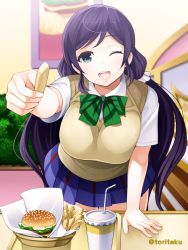 Rule 34 | 10s, 1girl, ;d, artist name, blue eyes, blue skirt, blush, bow, bowl, bowtie, breasts, burger, collared shirt, cowboy shot, cup, drinking straw, eyebrows, feeding, food, foreshortening, french fries, green bow, green bowtie, hanging breasts, head tilt, holding, holding food, incoming food, indoors, large breasts, leaning forward, legs together, long hair, looking at viewer, love live!, love live! school idol project, low twintails, one eye closed, open mouth, plaid, plaid bow, plaid bowtie, plaid neckwear, plaid skirt, plant, pleated skirt, poster (object), potted plant, pov, pov feeding, purple hair, round teeth, shirt, skirt, smile, solo, standing, sweater vest, table, teeth, thighs, torigoe takumi, tojo nozomi, tray, twintails, upper body, very long hair, wing collar