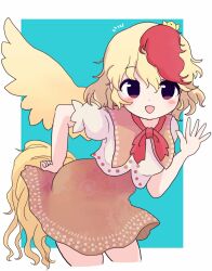 Rule 34 | 1girl, animal, animal on head, bird, bird on head, bird tail, bird wings, blonde hair, blush stickers, chick, cowboy shot, cropped legs, dress, feathered wings, highres, multicolored hair, niwatari kutaka, on head, open mouth, orange dress, red eyes, red hair, rei (tonbo0430), short hair, short sleeves, smile, solo, tail, touhou, two-tone hair, wings, yellow wings