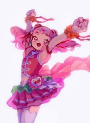 Rule 34 | 1girl, arms up, bow, clenched hands, cure yell, flower, frills, hair bun, hair flower, hair ornament, hair ribbon, heart, heart hair ornament, heart pouch, highres, hugtto! precure, koteko (chop of toilet), long hair, looking at viewer, magical girl, navel, nono hana, open mouth, pink eyes, pink hair, pink skirt, pleated skirt, precure, puffy short sleeves, puffy sleeves, ribbon, see-through, see-through sleeves, short sleeves, simple background, skirt, smile, solo, thighhighs