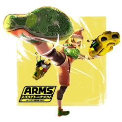 Rule 34 | 1girl, arms (game), beanie, bike shorts, blonde hair, copyright name, fighting stance, green eyes, hat, highres, kicking, leggings, looking at viewer, min min (arms), nintendo, official art, shoes, short hair, sneakers, solo