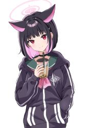 Rule 34 | 1girl, animal ears, black hair, blue archive, blush, bubble tea, cat ears, cat girl, choker, colored inner hair, cup, disposable cup, drink, drinking straw, hair ornament, hairclip, halo, hand in pocket, head tilt, highres, holding, holding cup, holding drink, hood, hoodie, kazusa (blue archive), long sleeves, looking at viewer, multicolored hair, pink hair, raimu (clanberry000), red eyes, sailor collar, short hair, smile, solo, two-tone hair, upper body