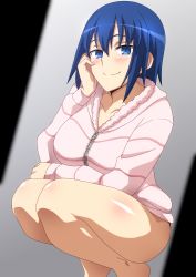 Rule 34 | 1girl, blue eyes, blue hair, blush, breasts, ciel (tsukihime), closed mouth, collarbone, hara (harayutaka), highres, large breasts, long sleeves, looking at viewer, melty blood, short hair, smile, solo, squatting, thighs, tsukihime, tsukihime (remake)