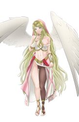 Rule 34 | 1girl, angel wings, bare shoulders, breasts, bridal legwear, brown pantyhose, closed mouth, collarbone, commentary, dancer, english commentary, eyelashes, feathered wings, feet, finger to face, fire emblem, fire emblem: radiant dawn, fire emblem heroes, full body, gluteal fold, green eyes, green hair, hand up, highres, leanne (fire emblem), leanne (hatari) (fire emblem), legs, looking at viewer, medium breasts, midriff, navel, nintendo, nipples, no shoes, pantyhose, pink skirt, pomelomelon, simple background, single leg pantyhose, skirt, solo, swept bangs, thighs, toeless legwear, toes, veil, white background, white skirt, white wings, wings