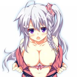 Rule 34 | 1girl, 9-nine-, ahoge, asagi nanami, assertive female, bare shoulders, blush, braid, breasts, butterfly hair ornament, cardigan, cleavage, collarbone, commentary, double-parted bangs, eyebrows hidden by hair, eyelashes, eyes visible through hair, grey hair, hair between eyes, hair ornament, hair scrunchie, highres, large breasts, long hair, looking at viewer, navel, niimi sora, nipples, no bra, off shoulder, open cardigan, open clothes, open mouth, opened by self, pink ribbon, presenting, purple eyes, red cardigan, red scrunchie, ribbon, scrunchie, serious, side ponytail, simple background, single braid, solo, star (symbol), star print, straight-on, upper body, upturned eyes, v-shaped eyebrows, wavy hair, white background, yellow ribbon