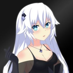 Rule 34 | bare shoulders, black heart (neptunia), blue background, breasts, cleavage, dress, gown, green eyes, highres, jewelry, long hair, medium breasts, mirroa1015, necklace, neptune (series), nepune (series), noire (neptunia), open mouth, tsundere, upper body, white hair