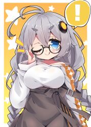 Rule 34 | !, 1girl, ;q, absurdres, adjusting eyewear, black-framed eyewear, blue eyes, braid, breasts, closed mouth, collarbone, commentary request, glasses, grey hair, grey skirt, hair between eyes, hand up, high-waist skirt, highres, kizuna akari, large breasts, long hair, long sleeves, looking at viewer, low twintails, milkpanda, off shoulder, one eye closed, orange background, puffy long sleeves, puffy sleeves, shirt, short eyebrows, skirt, smile, solo, spoken exclamation mark, star (symbol), starry background, thick eyebrows, tongue, tongue out, twin braids, twintails, two-tone background, v-shaped eyebrows, very long hair, voiceroid, white background, white shirt, yellow background