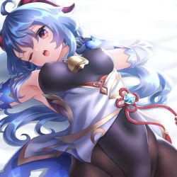 Rule 34 | 1girl, ;o, ahoge, armpits, arms up, bell, between breasts, black gloves, black leotard, blue hair, blush, breasts, brown pantyhose, covered erect nipples, covered navel, detached sleeves, flower knot, ganyu (genshin impact), genshin impact, gloves, highleg, highleg leotard, highres, horns, leotard, leotard under clothes, long hair, long sleeves, looking at viewer, lying, medium breasts, neck bell, neit ni sei, on back, one eye closed, open mouth, pantyhose, pink eyes, red ribbon, ribbon, simple background, solo, tassel, tears, very long hair, vision (genshin impact), waking up, white background