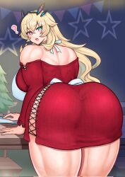 Rule 34 | 1girl, :o, ?, apron, ass, back, bare shoulders, barghest (fate), blonde hair, blush, breasts, christmas tree, criss-cross strings, crossed bangs, dress, fate/grand order, fate (series), from behind, green eyes, hair between eyes, harurukan, heterochromia, highres, horns, huge ass, huge breasts, leaning on table, long hair, looking at viewer, median furrow, muscular, muscular female, red dress, red eyes, solo, strapless, strapless dress, tall female, teeth, thick thighs, thighs, upper teeth only, very long hair, white apron