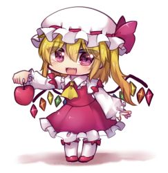 Rule 34 | 1girl, apple, ascot, blonde hair, bow, collared shirt, crystal, dress, fang, flandre scarlet, food, frilled skirt, frills, fruit, full body, hair between eyes, hat, hat ribbon, highres, holding, holding food, holding fruit, long sleeves, looking at viewer, medium hair, mob cap, open mouth, red apple, red bow, red dress, red eyes, red footwear, red ribbon, red shirt, red skirt, ribbon, ribbon-trimmed headwear, ribbon trim, shirt, side ponytail, simple background, skirt, smile, solo, standing, touhou, unime seaflower, white background, white hat, white legwear, white sleeves, wings, yellow ascot