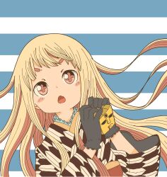 Rule 34 | 1girl, black gloves, blonde hair, blush stickers, brown eyes, commentary request, fang, flower-shaped pupils, gloves, hands up, highres, holding, japanese clothes, kimono, long hair, long sleeves, open mouth, original, print kimono, short eyebrows, solo, striped background, symbol-shaped pupils, thick eyebrows, upper body, v-shaped eyebrows, wide sleeves, yagasuri, yukimoto shuuji (gurigura)
