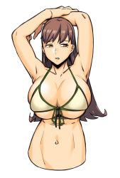 Rule 34 | 1girl, armpits, arms up, bikini, bikini top only, breasts, brown eyes, brown hair, cleavage, collarbone, cropped torso, dyun, front-tie bikini top, front-tie top, green bikini, halterneck, highres, huge breasts, kantai collection, long hair, looking away, navel, ooi (kancolle), parted lips, simple background, skindentation, solo, stomach, string bikini, swimsuit, underboob, white background
