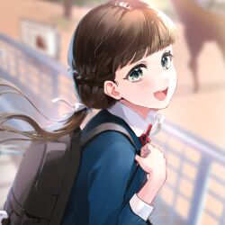 Rule 34 | 1girl, backpack, bag, black bag, blue jacket, blunt bangs, blurry, blurry background, blush, bow, bowtie, braid, brown hair, commentary request, fence, french braid, green eyes, hand up, highres, holding strap, jacket, long hair, long sleeves, looking at viewer, love live!, love live! superstar!!, low twintails, malo (mlpmpmp), open mouth, outdoors, red bow, red bowtie, sakurakoji kinako, school uniform, signature, smile, solo, sunlight, teeth, twintails, upper body, upper teeth only, wing collar, yuigaoka school uniform