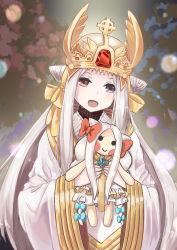 Rule 34 | 1girl, absurdres, blush, blush stickers, bow, character name, commentary request, cone hair bun, crown, doll, dress, drice, gem, hair bow, hair bun, highres, holding, holding doll, long hair, long sleeves, looking at viewer, open mouth, pope (ragnarok online), purple eyes, ragnarok online, red bow, red eyes, solo, upper body, white dress, white hair, wide sleeves