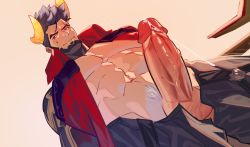 Rule 34 | 1boy, abs, absurdres, bara, bare pecs, beard, black hair, chinese zodiac, cow horns, darius (league of legends), erection, facial hair, from below, grin, highres, horns, jacket, large pectorals, league of legends, lunar beast darius, male focus, male pubic hair, mature male, muscular, muscular male, navel, official alternate costume, open clothes, open jacket, open pants, pants, penis, precum, pubic hair, rereezhang, short hair, smile, solo, stomach, thick thighs, thighs, uncensored, year of the ox