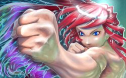 Rule 34 | 1girl, blue eyes, clenched hand, clenched hands, close-up, electricity, foreshortening, gradient hair, highres, long hair, multicolored hair, muscular, original, realistic, red hair, slit pupils, solo, soon (c-u-soon), topless