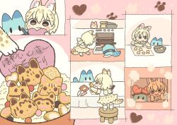 Rule 34 | 1girl, animal ear fluff, animal ears, baking, blonde hair, blush, bow, bowtie, brown eyes, chibi, commentary request, common raccoon (kemono friends), cookie, elbow gloves, extra ears, fennec (kemono friends), food, gloves, heart, kemono friends, kemono friends 3, kuro shiro (kuro96siro46), lucky beast (kemono friends), mittens, multiple views, on chair, open mouth, oven, pencil, postcard, print bow, print bowtie, print gloves, print skirt, progression, serval (kemono friends), serval print, shirt, short hair, sitting, skirt, smile, stool, table, tail, translation request, valentine, white serval (kemono friends), white shirt, yellow gloves