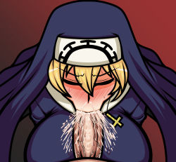 Rule 34 | 1boy, 1girl, :&gt;=, blonde hair, blush, breasts, closed eyes, clothed female nude male, cross, cross necklace, cum, cum explosion, cum in mouth, cum in nose, double (skullgirls), erection, fellatio, habit, hetero, highres, jewelry, large breasts, necklace, nude, nun, oral, penis, pov, raburiihamu, red background, skullgirls, sweatdrop, veins, veiny penis