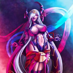 Rule 34 | 1girl, absurdres, breasts, cleavage, dark skin, fire emblem, fire emblem engage, highres, horns, jewelry, large breasts, lipstick, long hair, looking at viewer, makeup, monster girl, navel, nintendo, pointy ears, solo, tagme, ward hop, watermark, zephia (fire emblem)