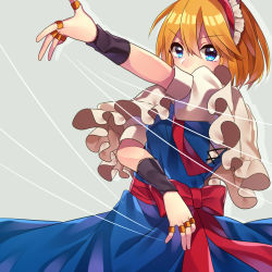 Rule 34 | alice margatroid, blonde hair, blue dress, blue eyes, capelet, dress, frilled capelet, frills, hairband, jewelry, looking at viewer, puffy sleeves, puppet rings, red sash, renka (sutegoma25), ring, sash, short hair, solo, touhou, wristband