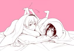 Rule 34 | 2girls, barefoot, blanket, blush, eye contact, female focus, heart, kuma (bloodycolor), long hair, looking at another, monochrome, multiple girls, pillow, ruby rose, rwby, smile, weiss schnee, yuri