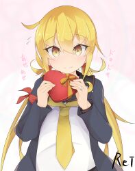 Rule 34 | 1girl, armband, artist name, black sailor collar, blonde hair, blue jacket, box, commentary request, crescent, crescent hair ornament, crescent pin, etsuransha no rei, hair ornament, heart-shaped box, highres, jacket, kantai collection, long hair, looking at viewer, low twintails, neckerchief, necktie, sailor collar, satsuki (kancolle), satsuki kai ni (kancolle), school uniform, serafuku, smile, solo, twintails, upper body, yellow eyes, yellow neckerchief, yellow necktie