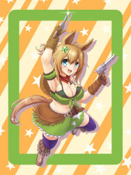 Rule 34 | 1girl, 36sohgawa, :d, ahoge, animal ears, arm up, armpits, bandana, bandeau, bikini, bikini under clothes, blue eyes, boots, breasts, brown footwear, brown hair, cleavage, commentary request, detached sleeves, drop shadow, dual wielding, green skirt, gun, hair ornament, hand up, handgun, highres, holding, holding gun, holding weapon, horse ears, large breasts, long hair, looking at viewer, miniskirt, open mouth, purple thighhighs, revolver, short sleeves, skirt, skirt set, smile, solo, star (symbol), star hair ornament, striped, striped background, swimsuit, taiki shuttle (umamusume), thighhighs, umamusume, weapon