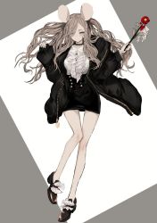 Rule 34 | 1girl, animal ears, black choker, black coat, black skirt, brown footwear, buttons, choker, closed mouth, coat, double-breasted, flower, frilled shirt, frills, grey eyes, grey hair, high-waist skirt, highres, holding, holding flower, long hair, long sleeves, looking at viewer, miniskirt, mouse ears, narue, open clothes, open coat, original, shirt, shoes, skirt, sleeves past wrists, smile, solo, white shirt