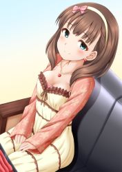 Rule 34 | 1girl, blue background, blue eyes, blush, bow, breasts, brown background, brown hair, cleavage, closed mouth, collarbone, couch, dress, earrings, frilled dress, frills, gradient background, hairband, heart, heart earrings, heart necklace, idolmaster, idolmaster cinderella girls, jewelry, long sleeves, looking at viewer, medium breasts, necklace, on couch, pink bow, regular mow, sakuma mayu, sitting, sleeves past wrists, smile, solo, white dress, white hairband