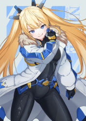 Rule 34 | 1girl, absurdres, armored bodysuit, armored gloves, bandaid, bandaid on cheek, bandaid on face, black bodysuit, black gloves, blonde hair, blue background, blue eyes, bodysuit, breasts, clenched hand, closed mouth, coat, commentary, contrapposto, copyright name, covered navel, cowboy shot, fang, fang out, fur-trimmed coat, fur trim, girugiru (tektonics6588), gloves, goddess of victory: nikke, hand up, head tilt, headgear, highres, laplace (nikke), light blush, long hair, looking at viewer, open clothes, open coat, sidelocks, skin tight, small breasts, smile, solo, standing, twintails, two-tone gloves, white coat