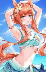 Rule 34 | 1girl, absurdres, animal ears, aqua bikini, armpits, arms up, bare arms, bare shoulders, bikini, blue eyes, braid, breasts, cleavage, commentary, crown braid, ear flower, hair ornament, highres, horse ears, horse girl, horse tail, jewelry, long hair, navel, necklace, official alternate costume, official alternate hairstyle, open mouth, orange hair, sachiko nya, sarong, sidelocks, silence suzuka (emerald on the waves) (umamusume), silence suzuka (umamusume), small breasts, solo, stomach, swimsuit, tail, umamusume, upper body, very long hair