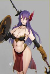 Rule 34 | 1girl, breasts, choker, cleavage, grey background, hayabusa (vert 320), highres, holding, holding shield, holding weapon, horns, long hair, looking at viewer, medium breasts, navel, open mouth, original, pelvic curtain, polearm, purple hair, see-through, shield, simple background, single horn, solo, spear, standing, weapon, yellow eyes