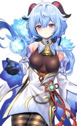Rule 34 | 1girl, ahoge, armpit crease, bare shoulders, bell, blue eyes, blue gloves, blush, bodystocking, breasts, breasts apart, chinese knot, closed mouth, cowbell, curled horns, detached sleeves, energy ball, feet out of frame, fingernails, ganyu (genshin impact), genshin impact, gloves, goat horns, gold trim, head rest, highres, horns, large breasts, lips, long hair, looking at viewer, neck bell, orb, purple eyes, red horns, red rope, rope, sidelocks, simple background, smile, solo, standing, upper body, vision (genshin impact), white background, wide sleeves, yuujin (yuzinn333)