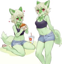 Rule 34 | 1girl, animal ears, barefoot, blush, brand name imitation, breasts, burger, cat ears, cat girl, cat tail, creatures (company), cup, denim, denim shorts, disposable cup, drooling, erumeruta, fang, female focus, food, furry, furry female, game freak, green fur, happy, heart, highres, holding, holding food, midriff, navel, nintendo, open mouth, pawpads, personification, pink eyes, pokemon, short shorts, shorts, sitting, solo, sprigatito, tail, wariza