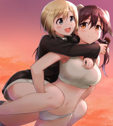 Rule 34 | 2girls, :d, animal ears, blonde hair, breasts, brown hair, candy, carrying, chocolate, chocolate bar, closed mouth, cloud, commentary request, crop top, dog ears, erica hartmann, food, gertrud barkhorn, hair between eyes, highres, holding, holding chocolate, holding food, legs, long hair, long sleeves, looking at another, medium breasts, midriff, multiple girls, navel, open mouth, orange eyes, orange sky, panties, piggyback, short hair, shuucream (syuichi), sky, smile, strike witches, thighs, underwear, white panties, world witches series