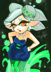 Rule 34 | + +, 1girl, absurdres, bare arms, bare shoulders, black dress, bow-shaped hair, breasts, detached collar, dress, earrings, food, food on head, gloves, green pantyhose, grey hair, highres, hoop earrings, inkling, jewelry, marie (splatoon), medium breasts, mole, mole under eye, nintendo, object on head, pantyhose, pointy ears, short dress, short ponytail, solo, splatoon (series), squid girl, strapless, strapless dress, sushi, swept bangs, tentacle hair, tombiham, white gloves, white hair, yellow eyes
