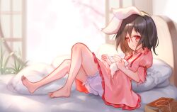 Rule 34 | 1girl, animal, animal ears, barefoot, bed, black hair, bloomers, blush, book, breasts, commentary, day, dress, english commentary, expressionless, floppy ears, full body, grass, hair between eyes, highres, holding, holding animal, holding rabbit, inaba tewi, indoors, long bangs, looking at viewer, medium hair, open mouth, pillow, pink dress, puffy short sleeves, puffy sleeves, rabbit, rabbit ears, rabbit girl, red eyes, short sleeves, shouji, sitting, sliding doors, small breasts, solo, tlobtr, touhou, underwear