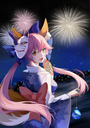 Rule 34 | 1girl, :3, aerial fireworks, animal ear fluff, animal ears, blue kimono, blue ribbon, breasts, fang, fate/grand order, fate (series), festival, fireworks, flan (f l an), floral print, fox ears, fox girl, fox mask, fox tail, hair ribbon, hand fan, highres, japanese clothes, kimono, large breasts, long hair, looking at viewer, looking back, mask, mask on head, night, night sky, obi, open mouth, outdoors, paper fan, pink hair, ribbon, sash, skin fang, sky, solo, sparkler, summer festival, tail, tamamo (fate), tamamo no mae (fate/extra), yellow eyes, yukata