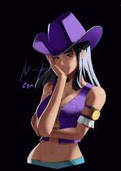 Rule 34 | 1girl, absurdres, any emu 7725, armlet, black background, black hair, blue eyes, blunt bangs, character name, commentary, cowboy hat, crop top, cropped torso, cross-laced clothes, cross-laced top, english commentary, hand on own face, hat, highres, medium hair, nico robin, one piece, purple hat, purple shirt, shirt, sidelighting, sleeveless, sleeveless shirt, smile, solo